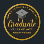 Gold Black Graduation Personalized 2025 Graduate Magnet<br><div class="desc">This sophisticated gold and black graduation magnet keepsake features elegant cursive script under a grad cap. Personalize this commemorative Class of 2025 graduate gift with chic serif typography for formal senior presents. Modern high school or college graduation party suite.</div>