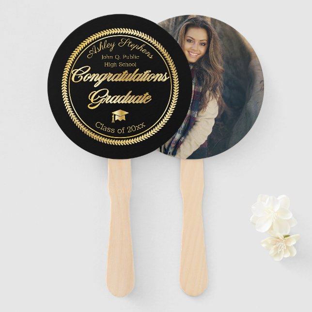 Gold Black Graduation Photo Class Year Hand Fan (Front and Back)