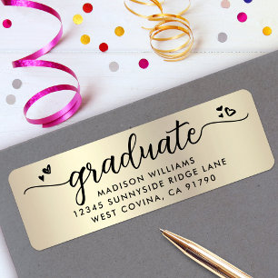 Gold Black Graduation Script Hearts Modern Address Label