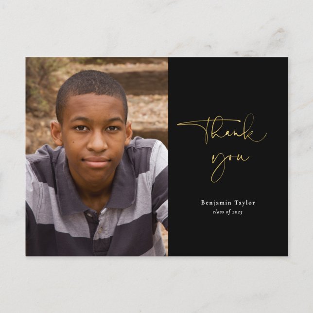 Gold & Black Graduation Thank You with Photo Postcard (Front)