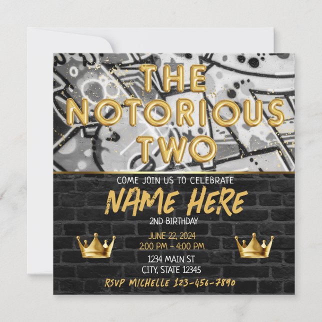 Gold Black Graffiti Crown Notorious TWO Birthday Invitation (Front)