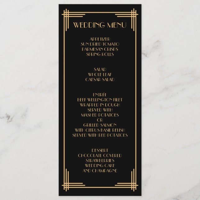 Gold Black Great Gatsby Art Deco Wedding Menu (Front)