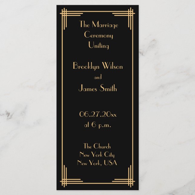 Gold Black Great Gatsby Art Deco Wedding Program (Front)
