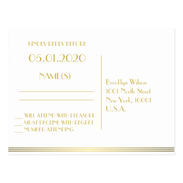 Gold Black Great Gatsby Wedding RSVP Postcards