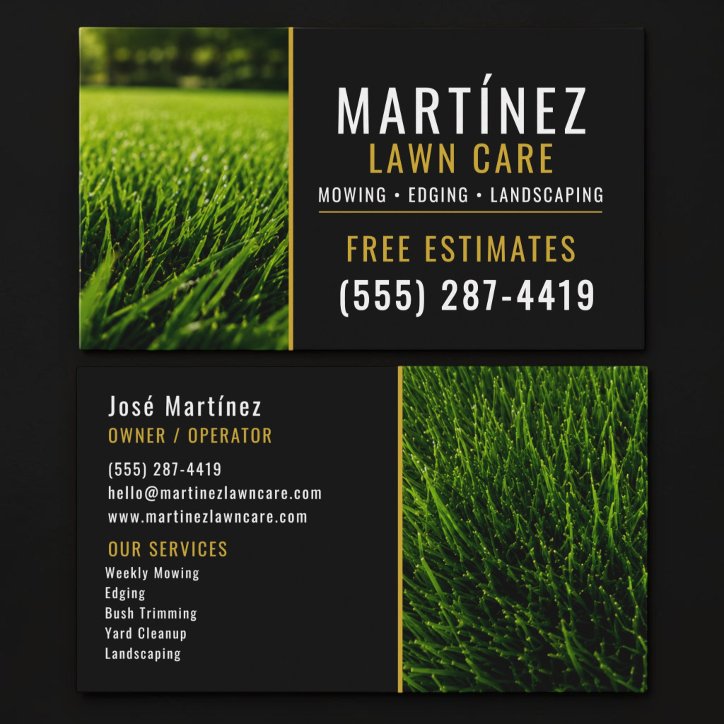 Gold Black Green Grass Lawn Service Landscaping Business Card