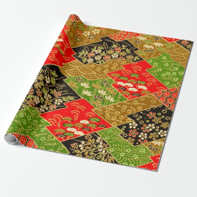 Gold Black Green Japanese Kimono Floral Decoupage  Wrapping Paper (Unrolled)