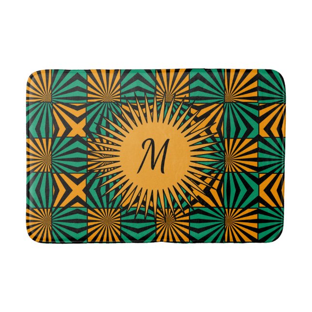 Gold Black Green Modern Geometric Monogram  Bath Mat (Front)
