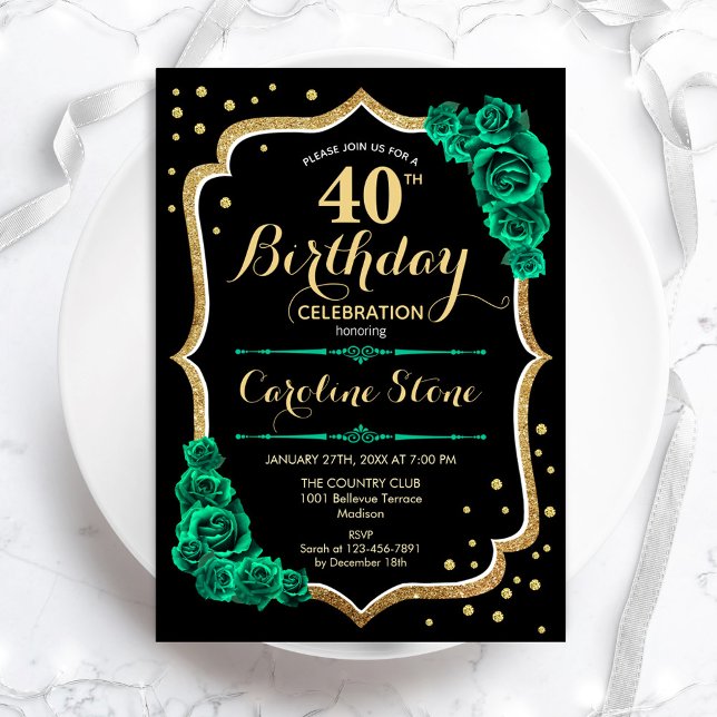 Gold Black Green Roses 40th Birthday Invitation (Creator Uploaded)