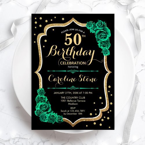 Gold Black Green Roses 50th Birthday Invitation