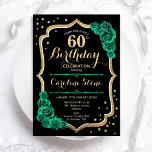 Gold Black Green Roses 60th Birthday Invitation<br><div class="desc">60th Birthday Party Invitation. Elegant floral emerald green design with faux glitter gold,  roses and script font. Perfect for a stylish womens bday celebration. Can be customised for any age! Printed Zazzle invitations or instant download digital printable template.</div>