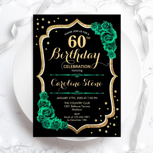 Gold Black Green Roses 60th Birthday Invitation
