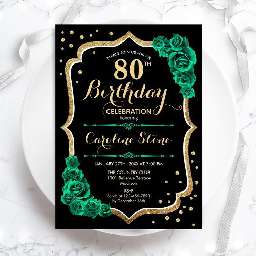 Gold Black Green Roses 80th Birthday Invitation