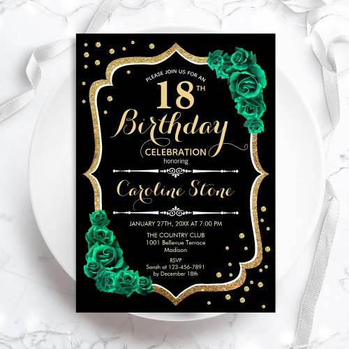 Gold Black Green Roses Elegant 18th Birthday Invitation