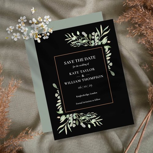 Gold Black Greenery Leaves Wedding Save the Date Invitation Postcard