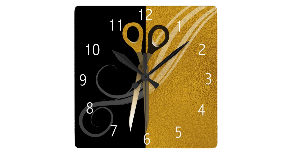 Gold Black Hair Curl Scissors Hair Salon Square Wall Clock