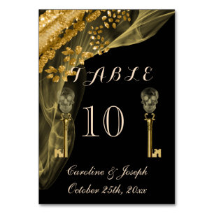 Gold & Black Hallowedding with Gold Skull keys Tab Table Number