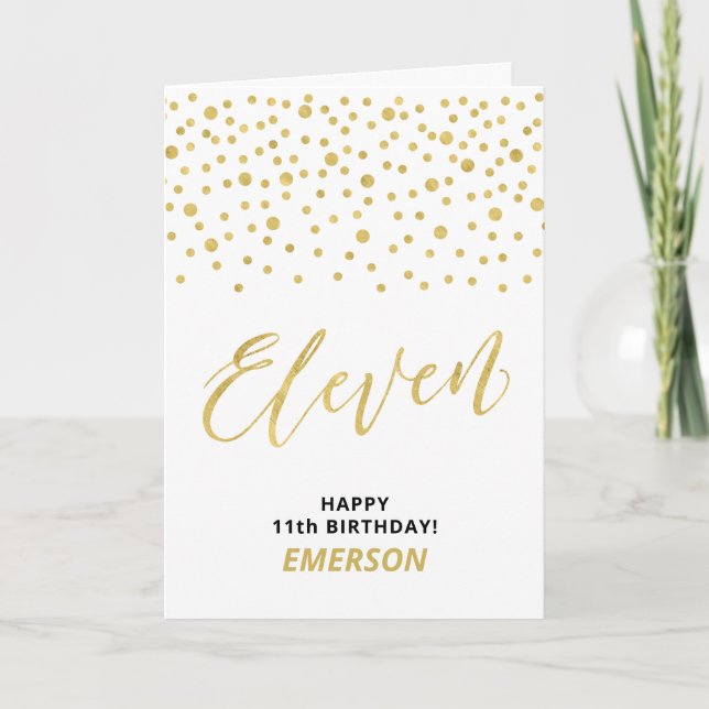 Gold & Black Happy 11th Birthday Custom Name Card (Front)