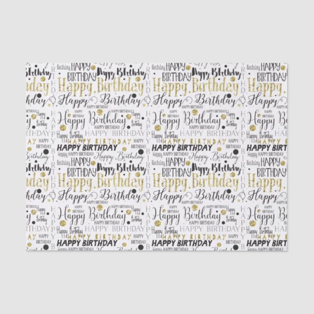 Gold Black Happy Birthday Confetti Tissue Paper (Front)