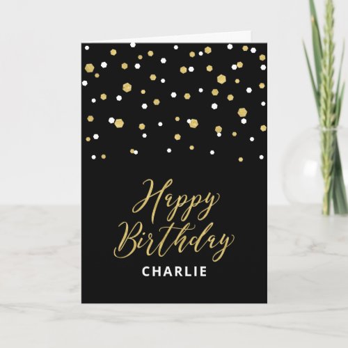 Gold  Black Happy Birthday Custom Name Greeting Card