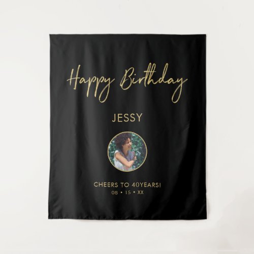 Gold & Black Happy Birthday Photo Party Backdrop