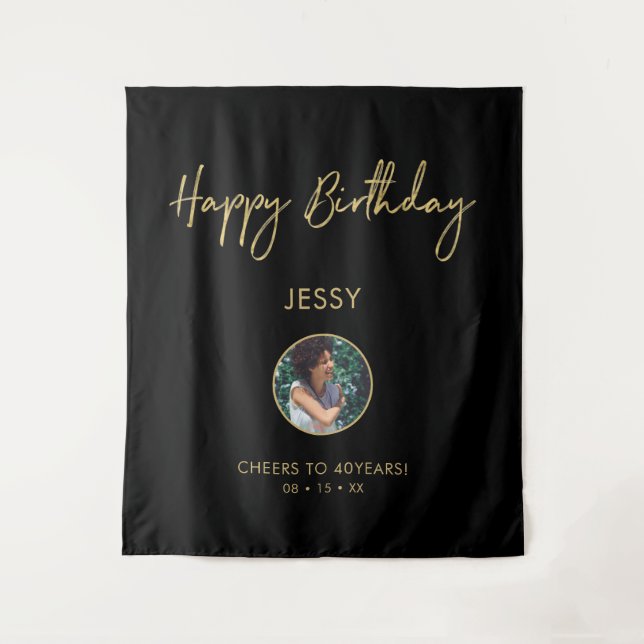 Gold & Black Happy Birthday Photo Party Backdrop (Front)