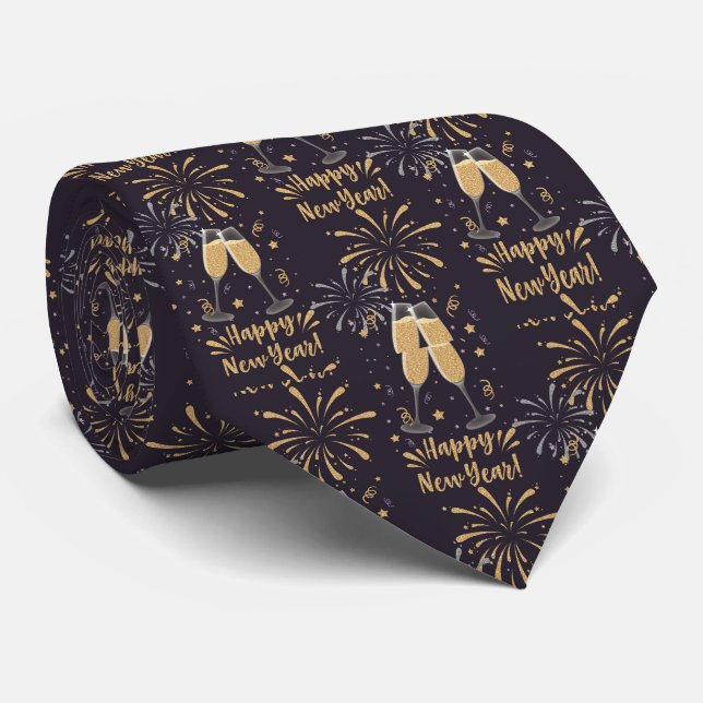 Gold Black Happy New Year Champagne Glasses Men's Neck Tie (Rolled)