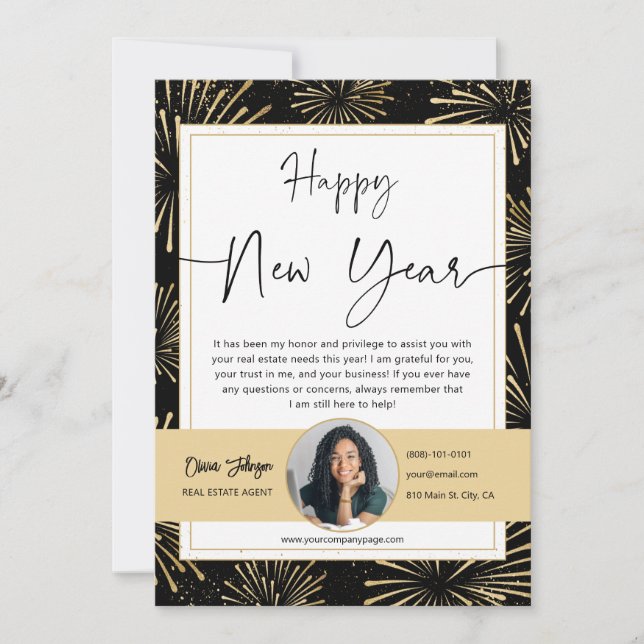 Gold Black Happy New Year Real Estate Photo Card (Front)