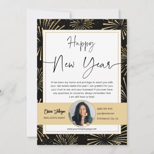 Gold Black Happy New Year Real Estate Photo Card