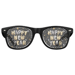 Gold Black Happy New Year Retro Sunglasses