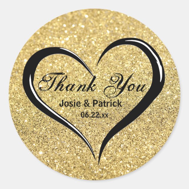 Gold Black Heart Thank You Wedding Favor Stickers (Front)