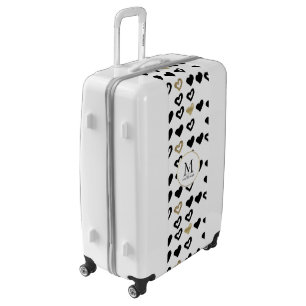 Gold & Black Hearts Monogram Luggage Suitcase