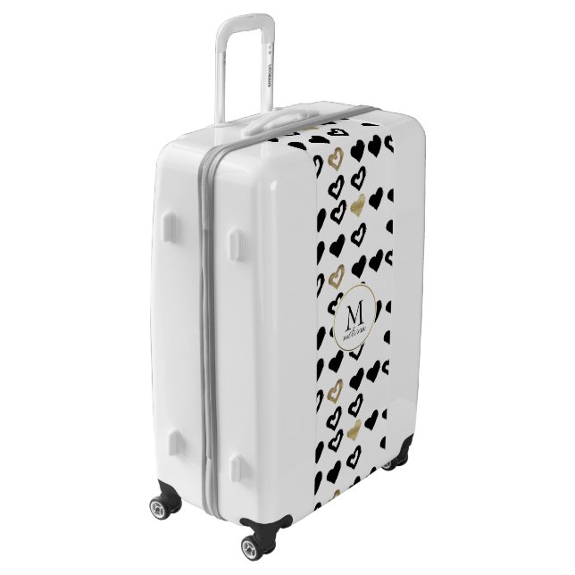 Gold & Black Hearts Monogram Luggage Suitcase (Rotated Left)