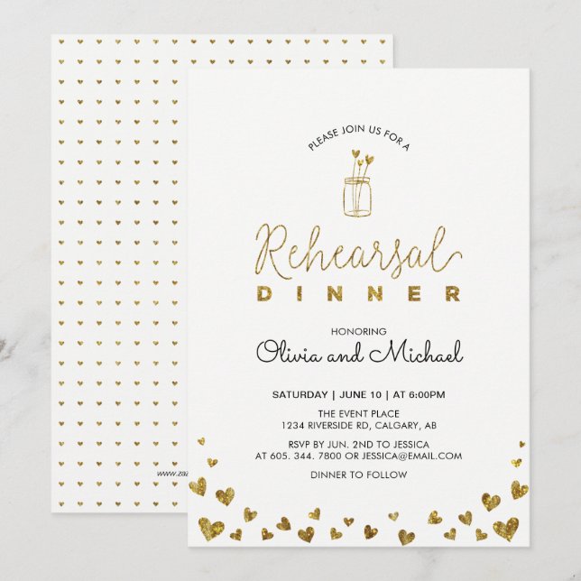 Gold & Black | Hearts Rehearsal Dinner Invitation (Front/Back)