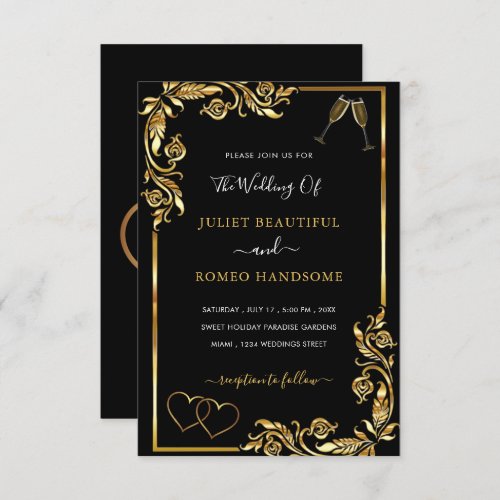 Gold Black Hearts Toast Glasses Wedding Invitation