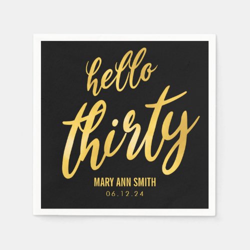 Gold Black Hello Thirty Birthday w Name Napkins