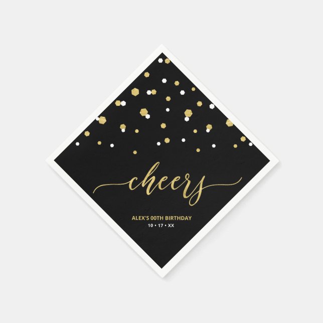 Gold Black Hexagon Confetti Cheers Custom Party Na Napkins (Corner)