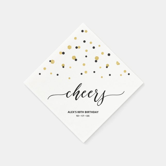 Gold Black Hexagon Confetti Cheers Custom Party Napkins (Corner)