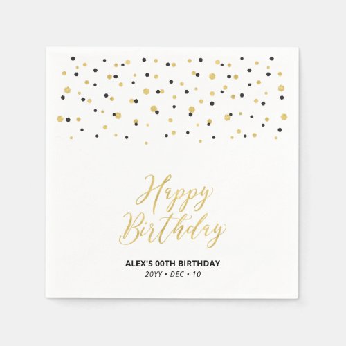 Gold Black Hexagon Confetti Custom Happy Birthday Napkins