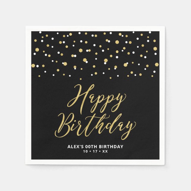 Gold Black Hexagon Confetti Custom Happy Birthday  Napkins (Front)