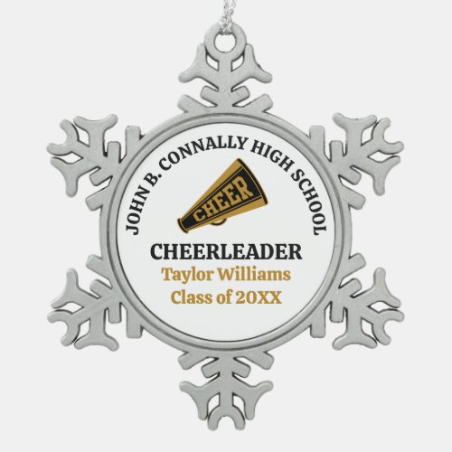 Gold Black High School Cheerleader Personalized Snowflake Pewter Christmas Ornament