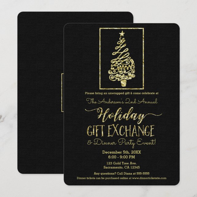 Gold & Black Holiday Gift Exchange Christmas Party Invitation (Front/Back)