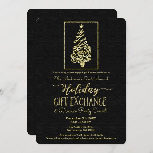 Gold  Black Holiday Gift Exchange Christmas Party Invitation