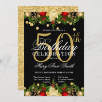 Gold & Black Holiday Glitter 50th Birthday Party Invitation