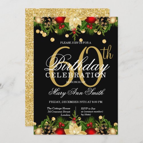 Gold  Black Holiday Glitter 60th Birthday Party Invitation