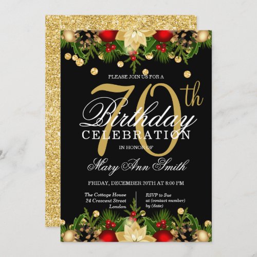 Gold  Black Holiday Glitter 70th Birthday Party Invitation