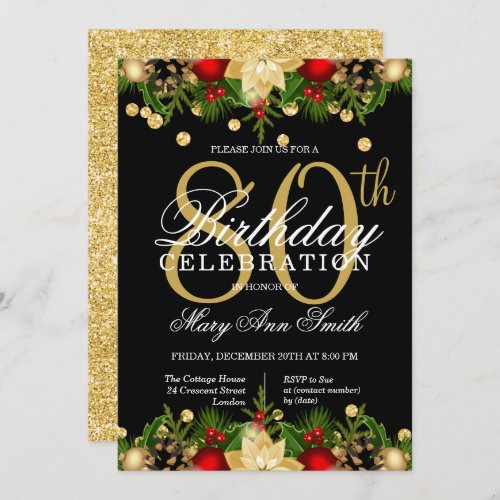 Gold  Black Holiday Glitter 80th Birthday Party Invitation