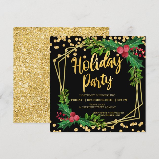 Gold Black Holly Frame Glitter Holiday Corporate Invitation (Front/Back)
