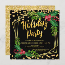 Gold Black Holly Frame Glitter Holiday Corporate Invitation