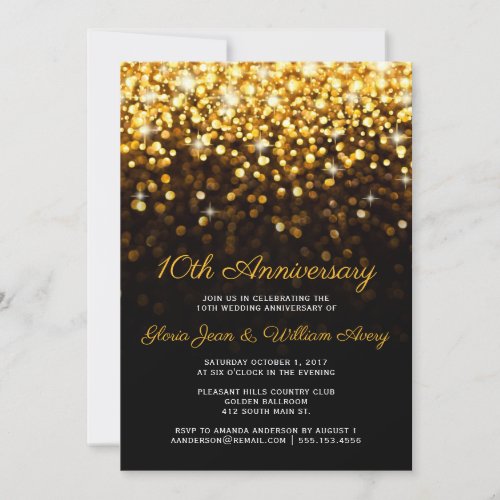 Gold Black Hollywood Glam 10th Wedding Anniversary Invitation