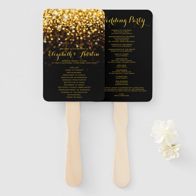 Gold Black Hollywood Glitz Glam Wedding Program Hand Fan (Front and Back)